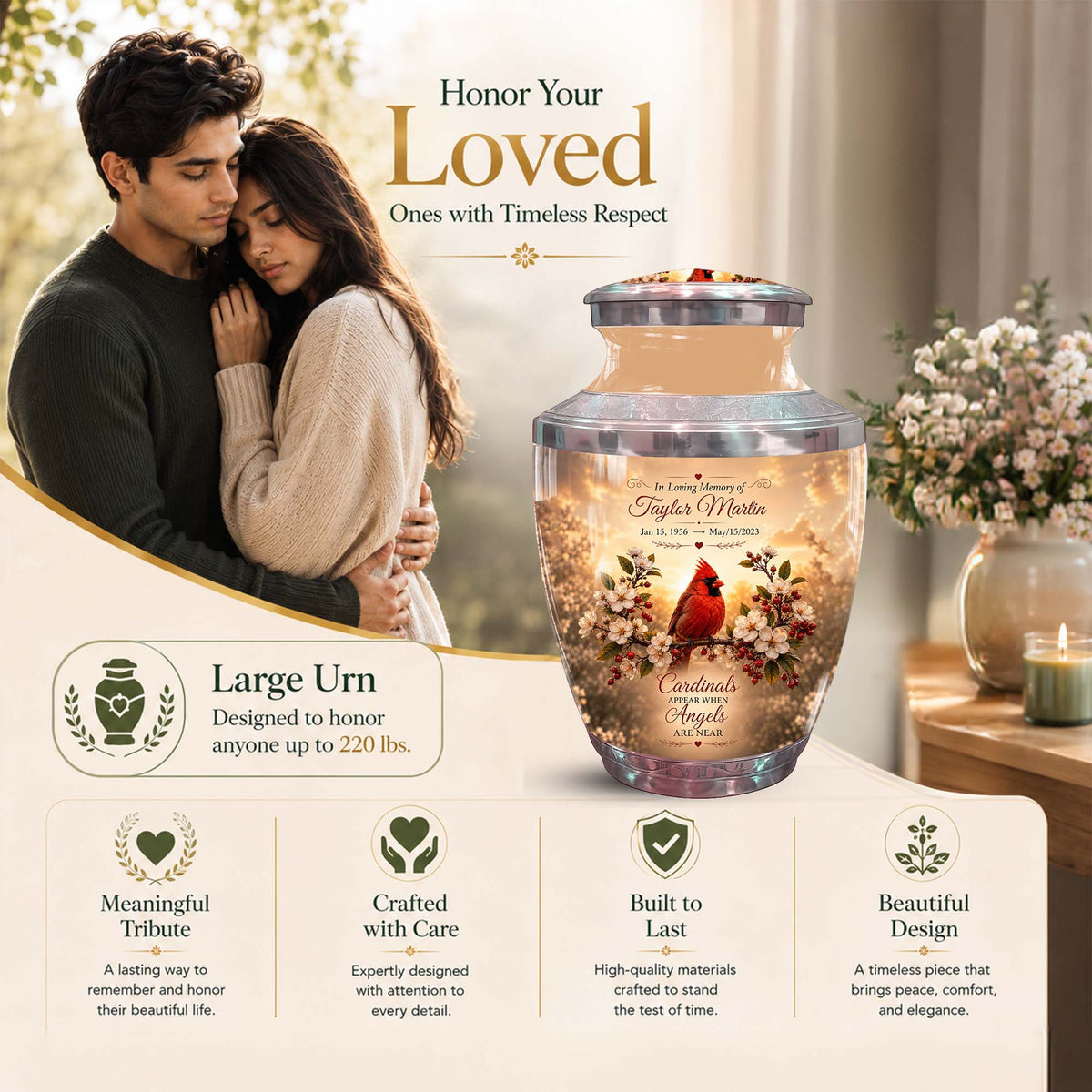 Red Cardinal Bird Memorial Urn - Floral Funeral Urns For Ashes