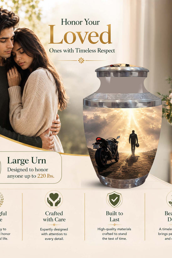 A large memorial urn displayed on a beige promotional background with a photo of a couple, floral decor, and text reading 'Honor Your Loved Ones with Timeless Respect.' The urn is transparent with a printed scene of a person walking beside a motorcycle at sunset, and the ad highlights large size and thoughtful design features.