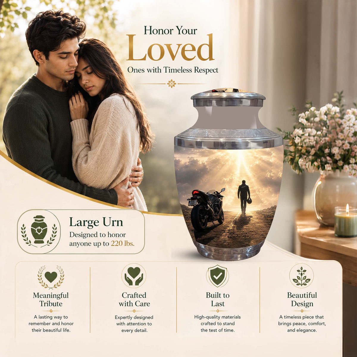 A large memorial urn displayed on a beige promotional background with a photo of a couple, floral decor, and text reading 'Honor Your Loved Ones with Timeless Respect.' The urn is transparent with a printed scene of a person walking beside a motorcycle at sunset, and the ad highlights large size and thoughtful design features.