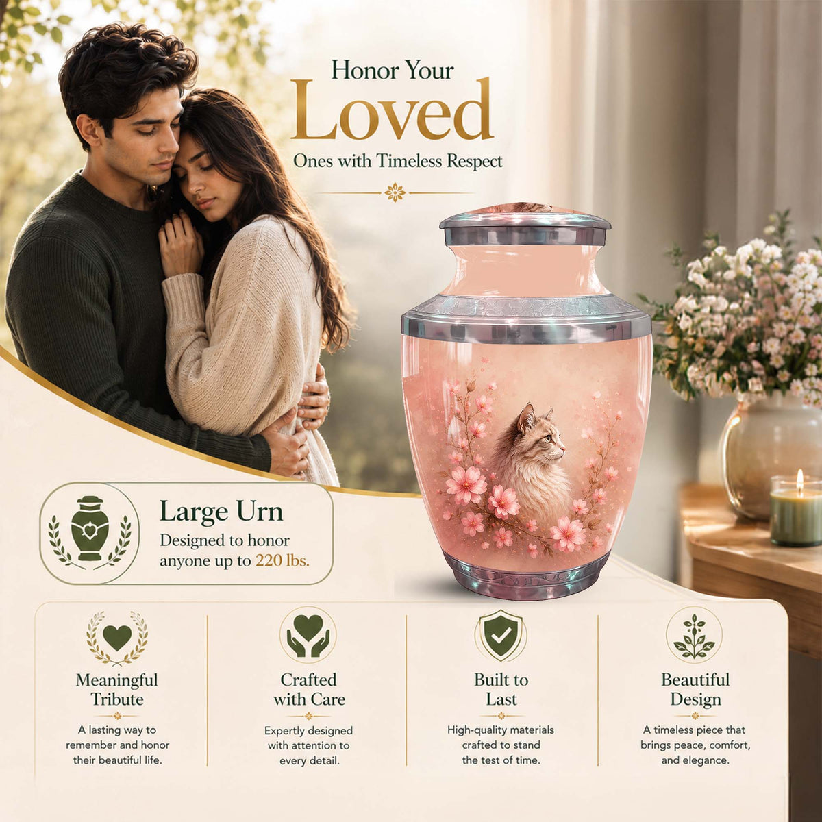 Cat Memorial Urn For Ashes - Floral Pet Cremation Urn