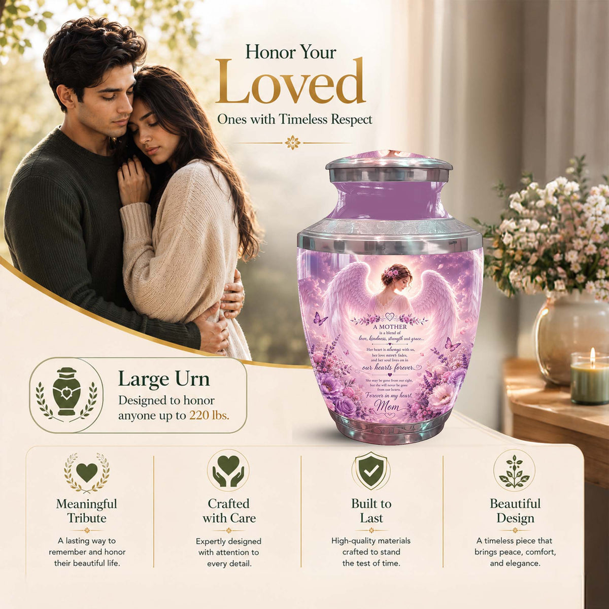 Angel Themed Funeral Urn for Mother - Pink Winged Angel Urn
