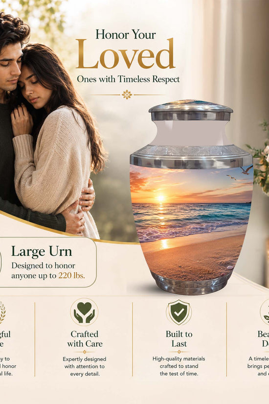 Personalized photo urn memorial vase with a sunset beach print, shown beside a couple and surrounded by marketing text and feature icons on a warm beige background.