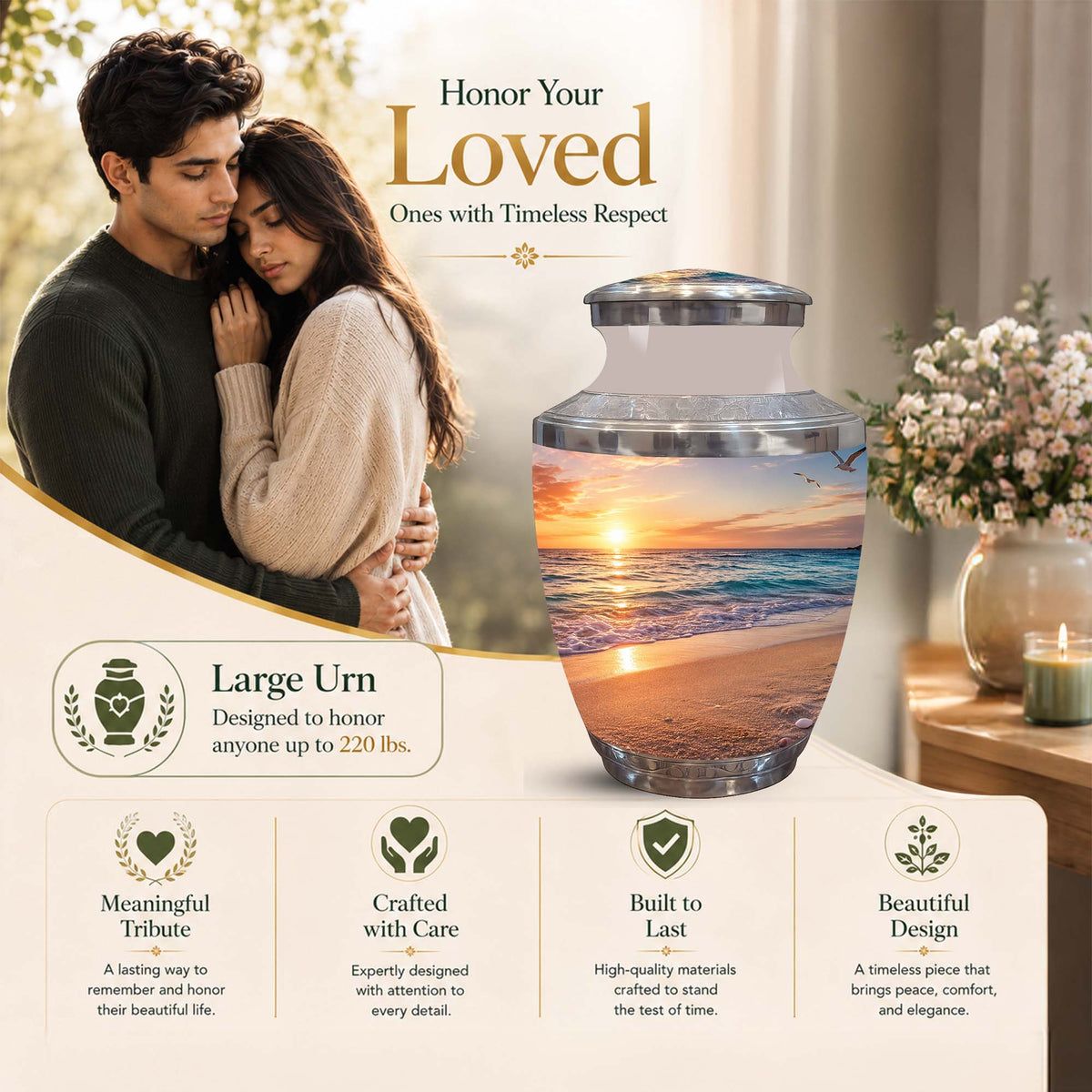 Personalized photo urn memorial vase with a sunset beach print, shown beside a couple and surrounded by marketing text and feature icons on a warm beige background.