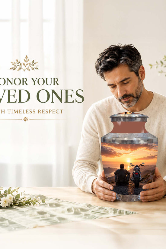 Peaceful Sunset Motorcycle Cremation Urn – Memorial Tribute to Biker Ashes