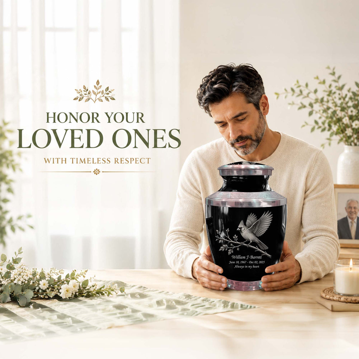 Black Cardinal Bird Cremation Urn - Balck Urn For Men & Women