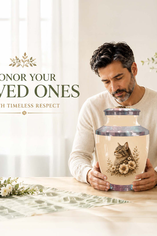 Cat Floral Urn For Ashes - Cat Themed Urns For Cremation