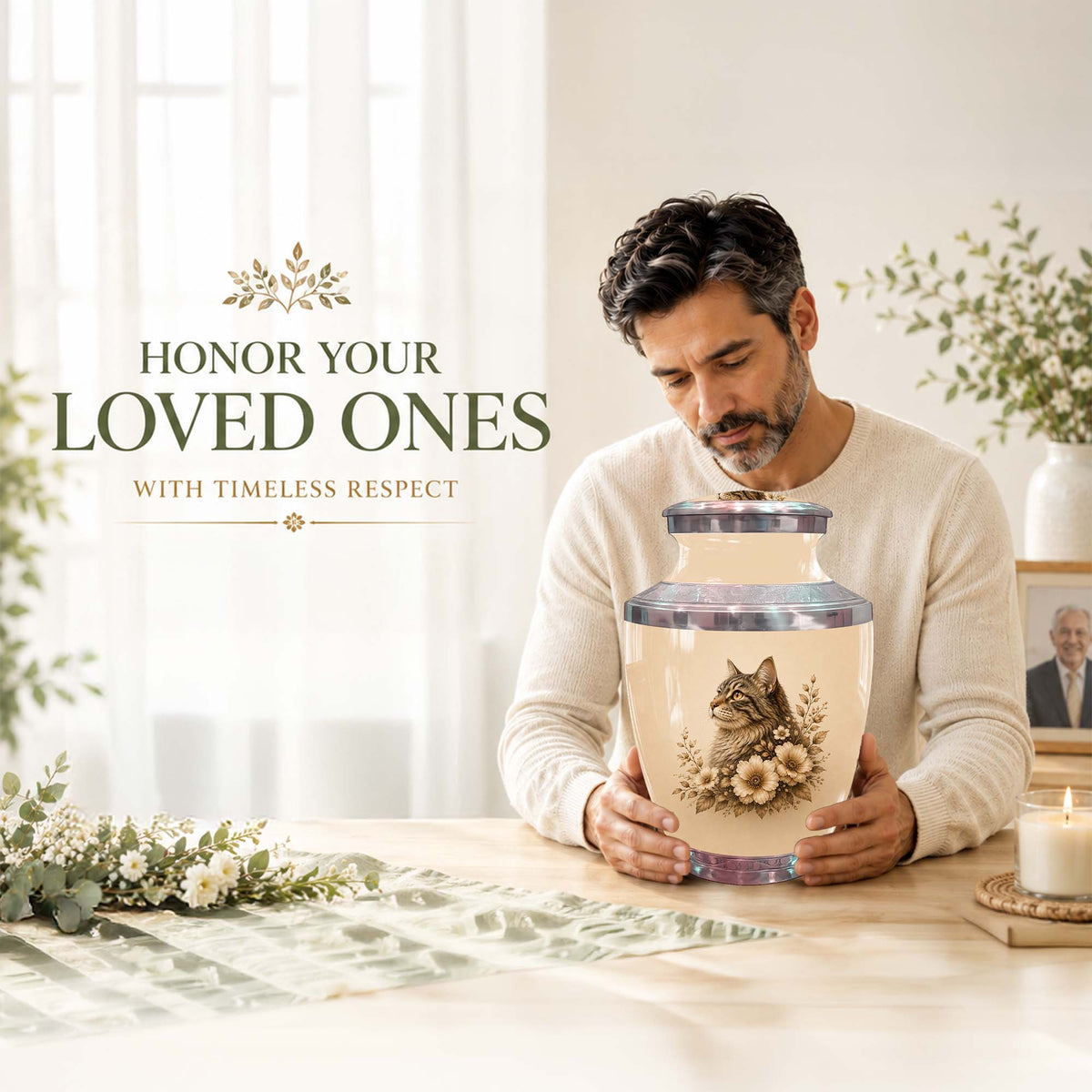 Cat Floral Urn For Ashes - Cat Themed Urns For Cremation