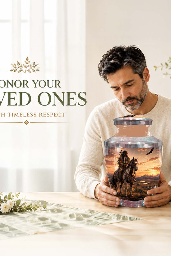 Horse Rider Urn For Men - Native American Warrior Memorial Urn