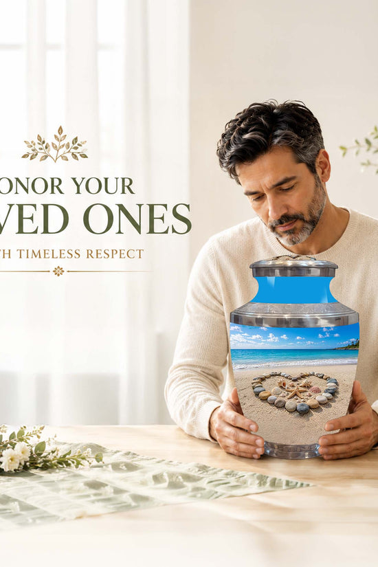 Personalized Blue Ocean Heart Beach Urn - Aluminum Urns For Ashes