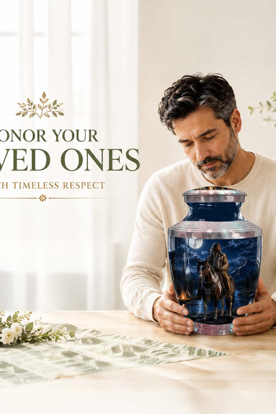 Native American Cremation Urn - Moonlit Horse Rider Urn For Adults