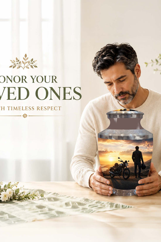 Sunset Motor Bike Rider Funeral Urn - Custom Memorial Tribute Funeral Urns