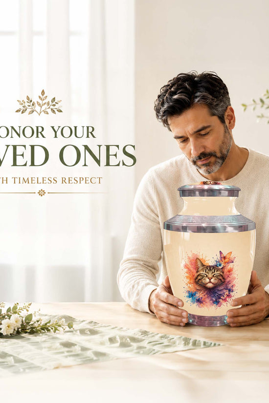 Cat Memorial Urn For Pet Ashes - Watercolor Butterfly Pet Urn