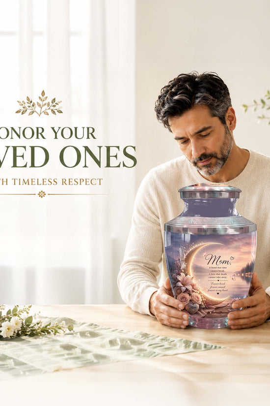 Memorial Urn for Mom – Floral Crescent Moon Cremation Urn