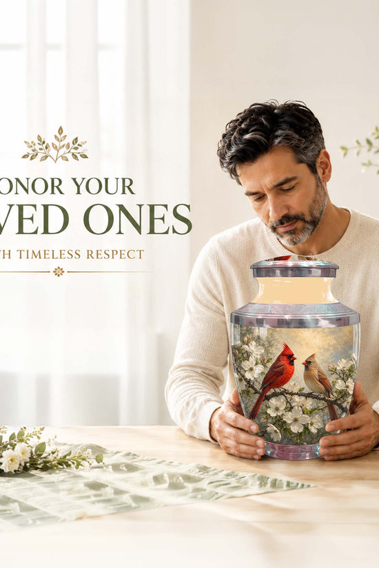 Cardinal Birds Memorial Urn For Ashes - White Blossom Funeral Urn