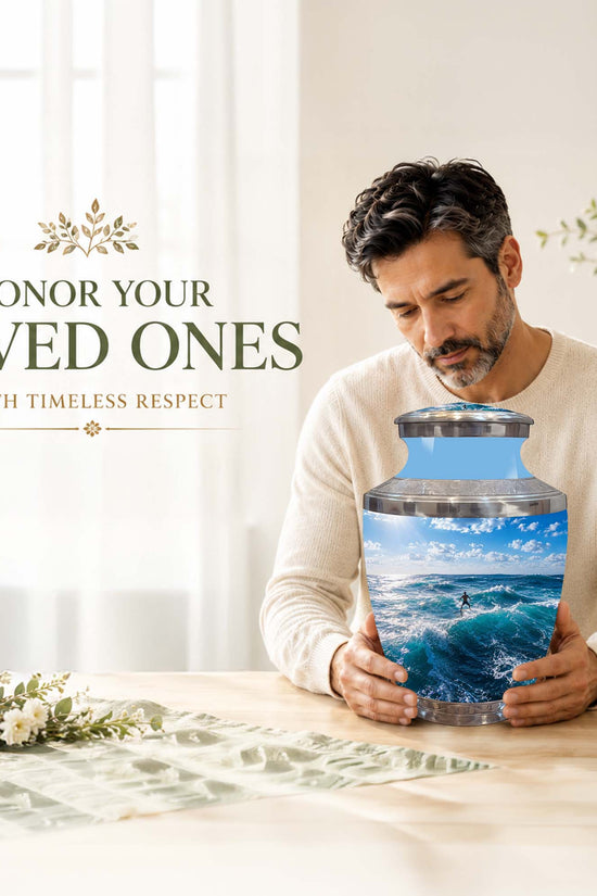 Man Surfing Big Waves Ocean Cremation Urn – Custom Aluminum Memorial Urn