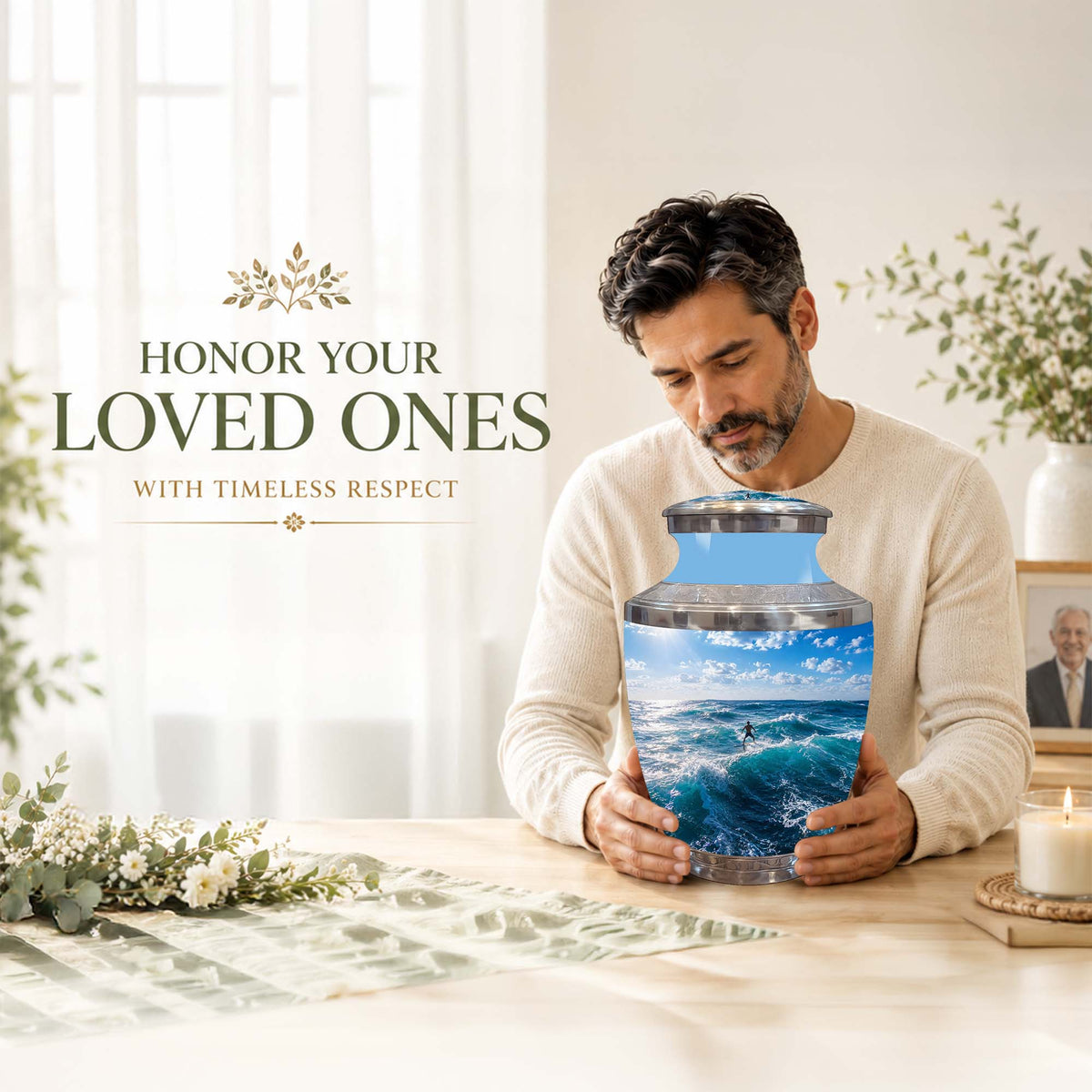 Man Surfing Big Waves Ocean Cremation Urn – Custom Aluminum Memorial Urn