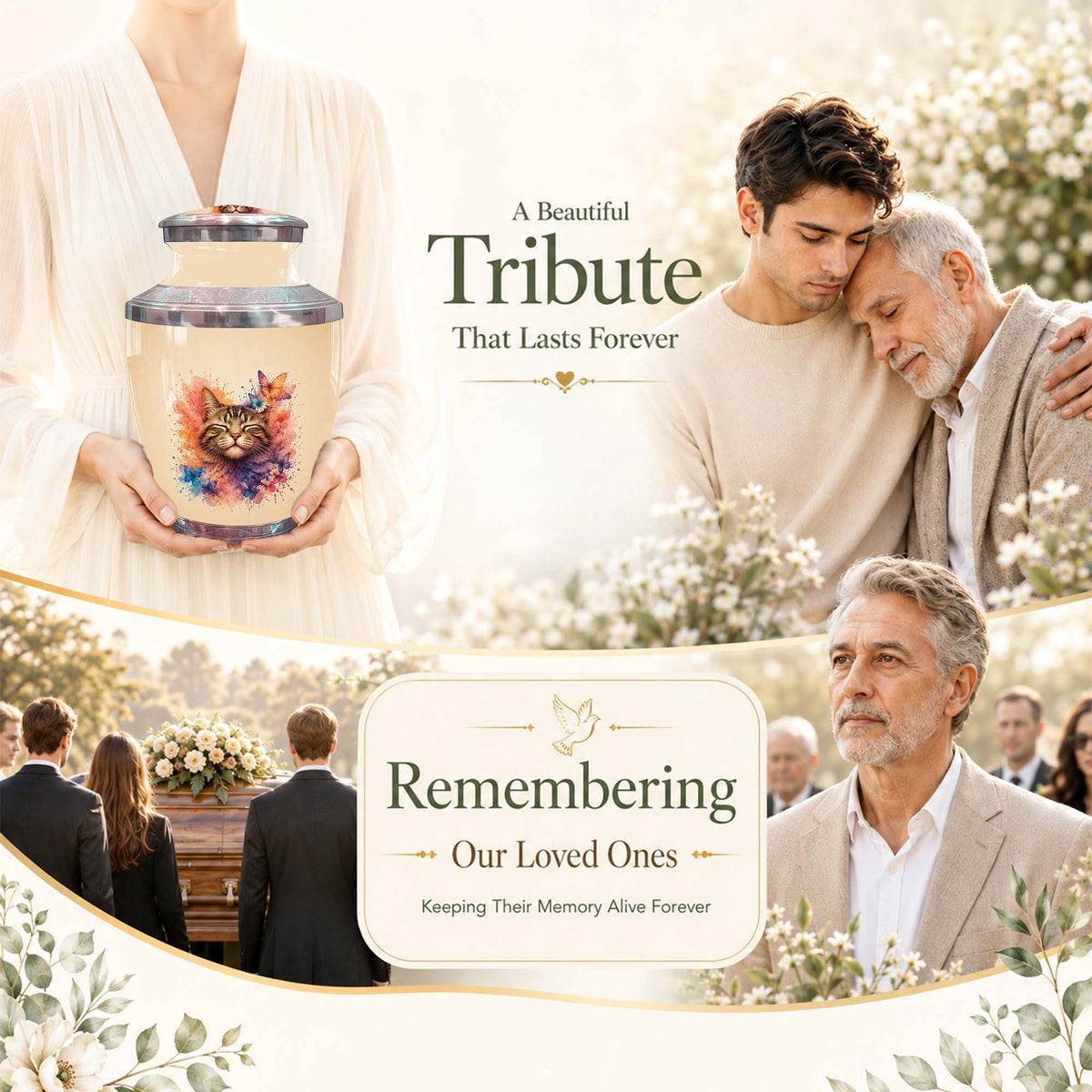 Cat Memorial Urn For Pet Ashes - Watercolor Butterfly Pet Urn