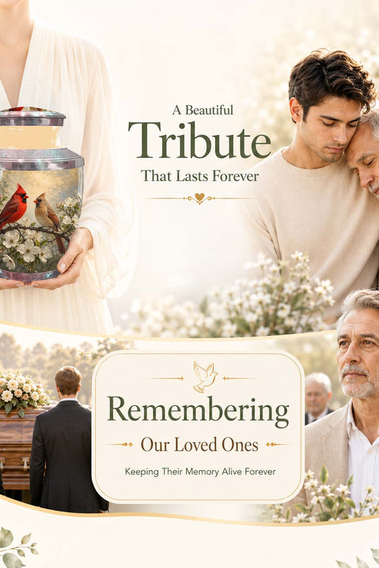 Cardinal Birds Memorial Urn For Ashes - White Blossom Funeral Urn