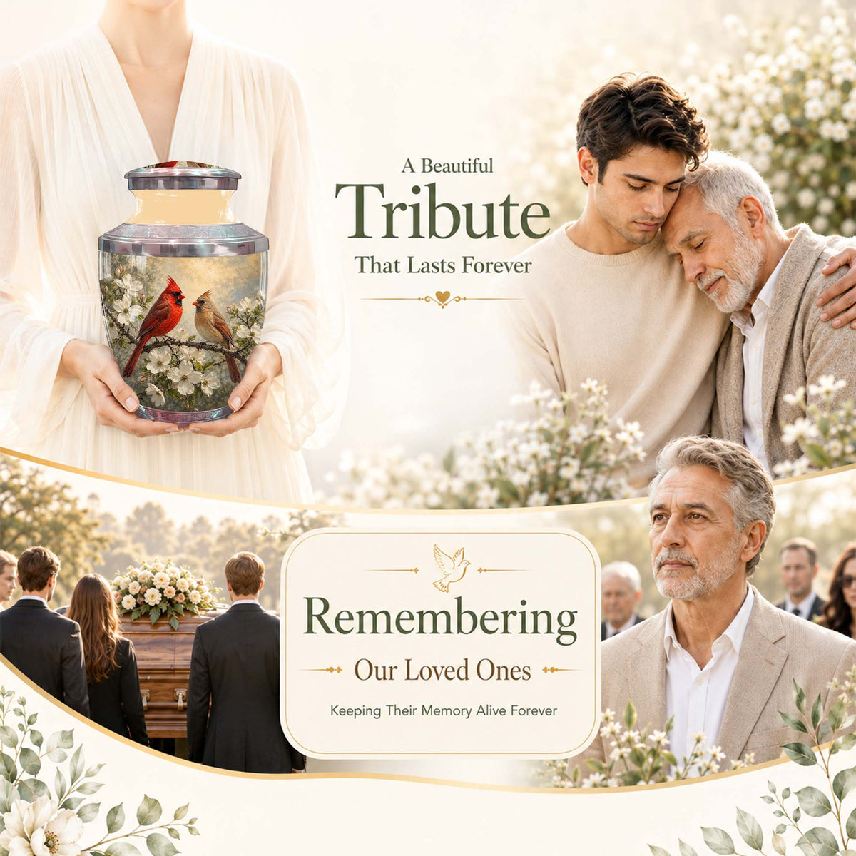 Cardinal Birds Memorial Urn For Ashes - White Blossom Funeral Urn
