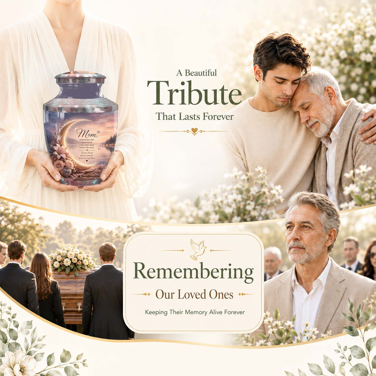 Memorial Urn for Mom – Floral Crescent Moon Cremation Urn