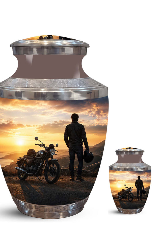 Sunset Motor Bike Rider Funeral Urn - Custom Memorial Tribute Funeral Urns