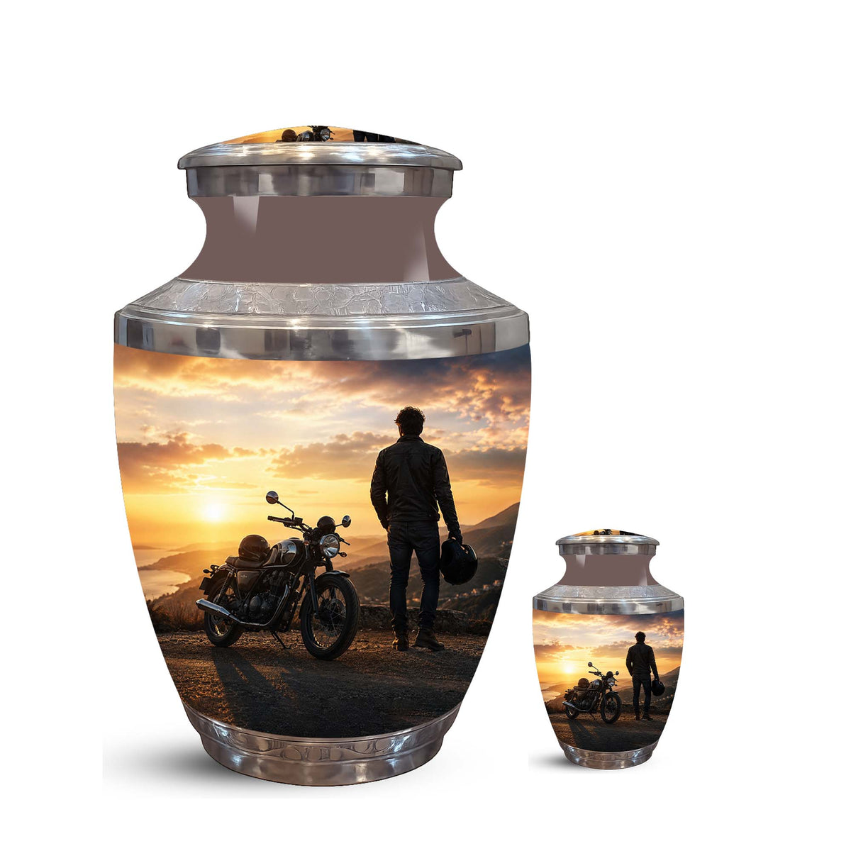 Sunset Motor Bike Rider Funeral Urn - Custom Memorial Tribute Funeral Urns