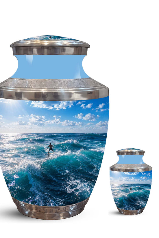 Man Surfing Big Waves Ocean Cremation Urn – Custom Aluminum Memorial Urn