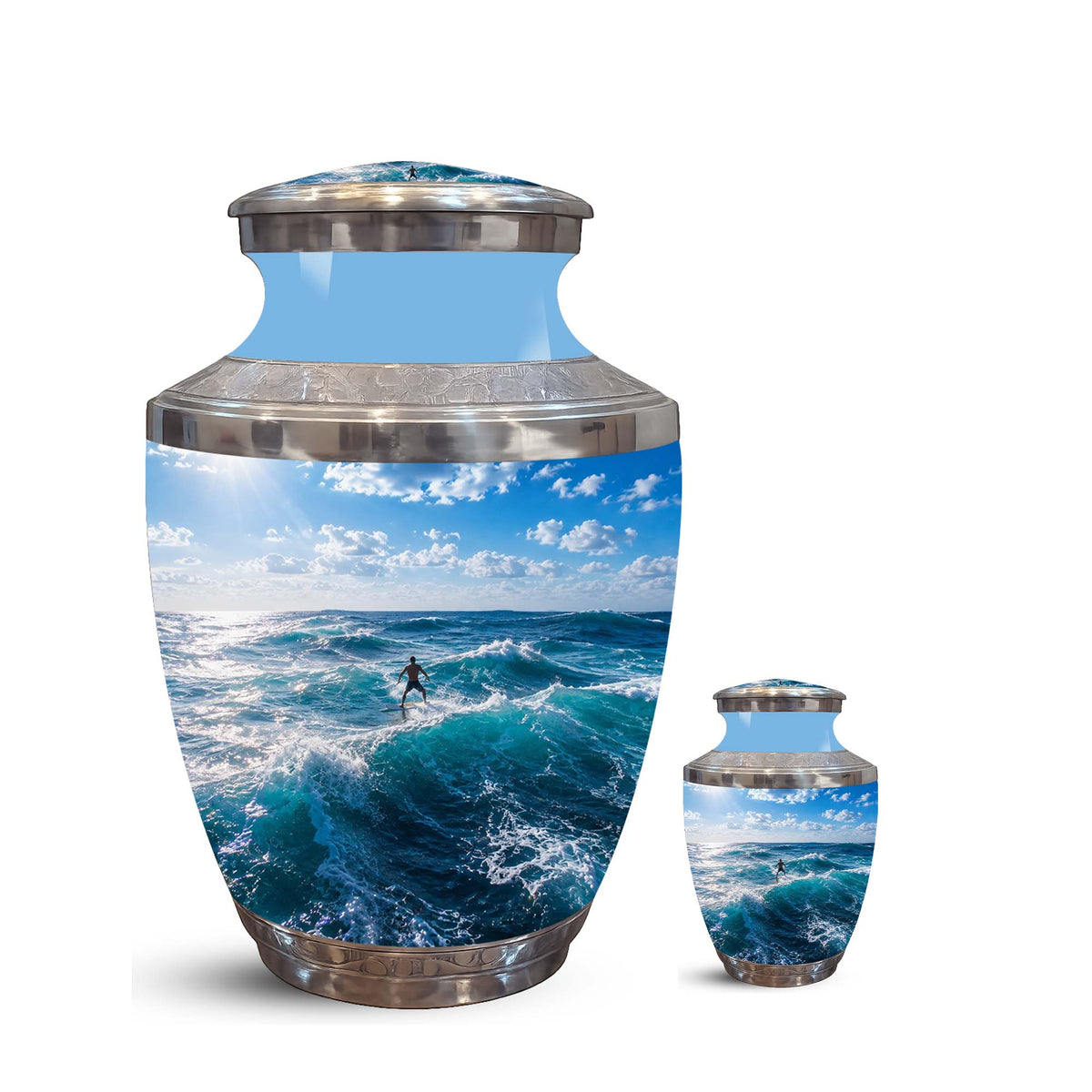 Man Surfing Big Waves Ocean Cremation Urn – Custom Aluminum Memorial Urn