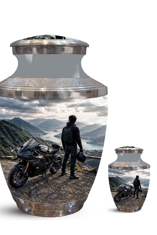 Mountain Motorcycle Rider Cremation Urn - Custom Aluminum Memorial Urn
