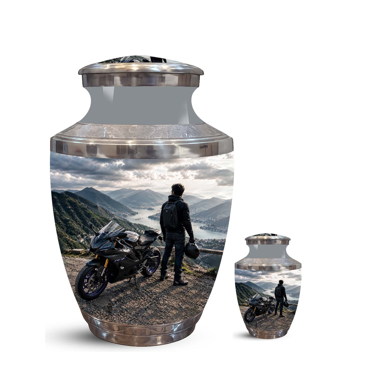 Mountain Motorcycle Rider Cremation Urn - Custom Aluminum Memorial Urn