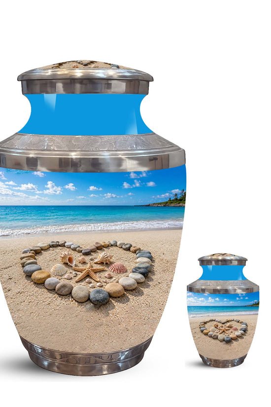 Personalized Blue Ocean Heart Beach Urn - Aluminum Urns For Ashes