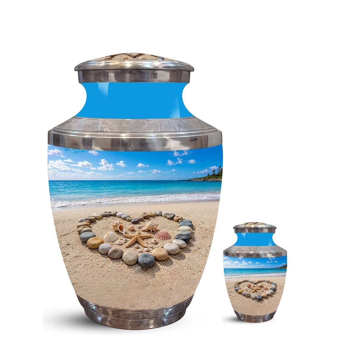 Personalized Blue Ocean Heart Beach Urn - Aluminum Urns For Ashes