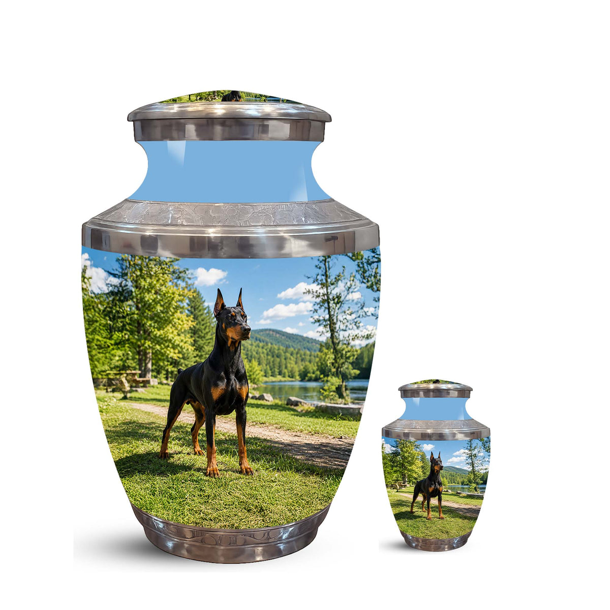 Custom Doberman Dog Pinscher Memorial Urn – Elegant Aluminum Pet Urn