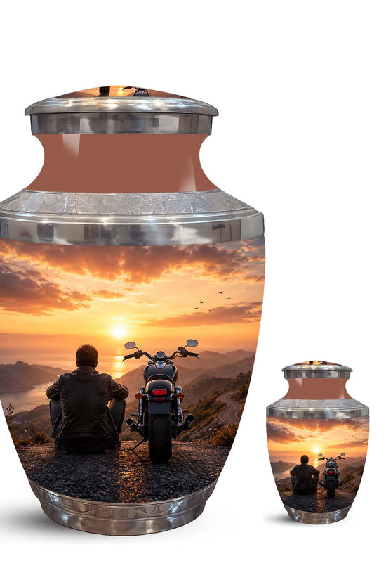 Peaceful Sunset Motorcycle Cremation Urn – Memorial Tribute to Biker Ashes
