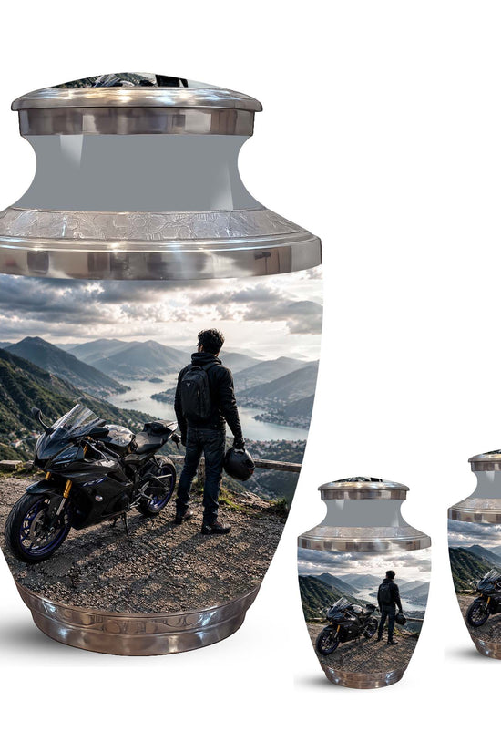 Mountain Motorcycle Rider Cremation Urn - Custom Aluminum Memorial Urn