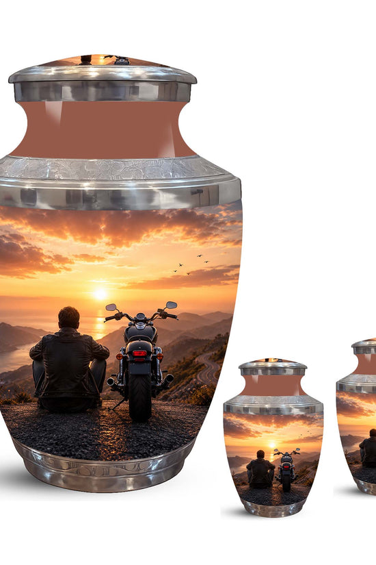 Peaceful Sunset Motorcycle Cremation Urn – Memorial Tribute to Biker Ashes