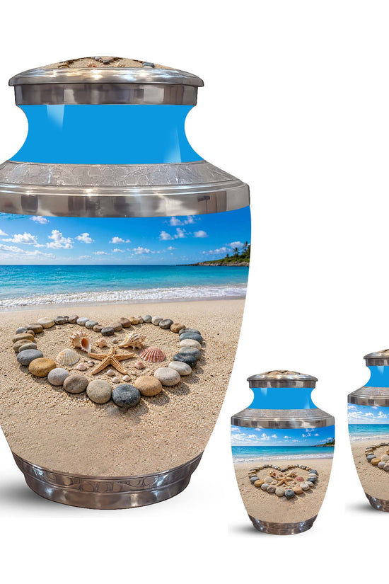 Personalized Blue Ocean Heart Beach Urn - Aluminum Urns For Ashes