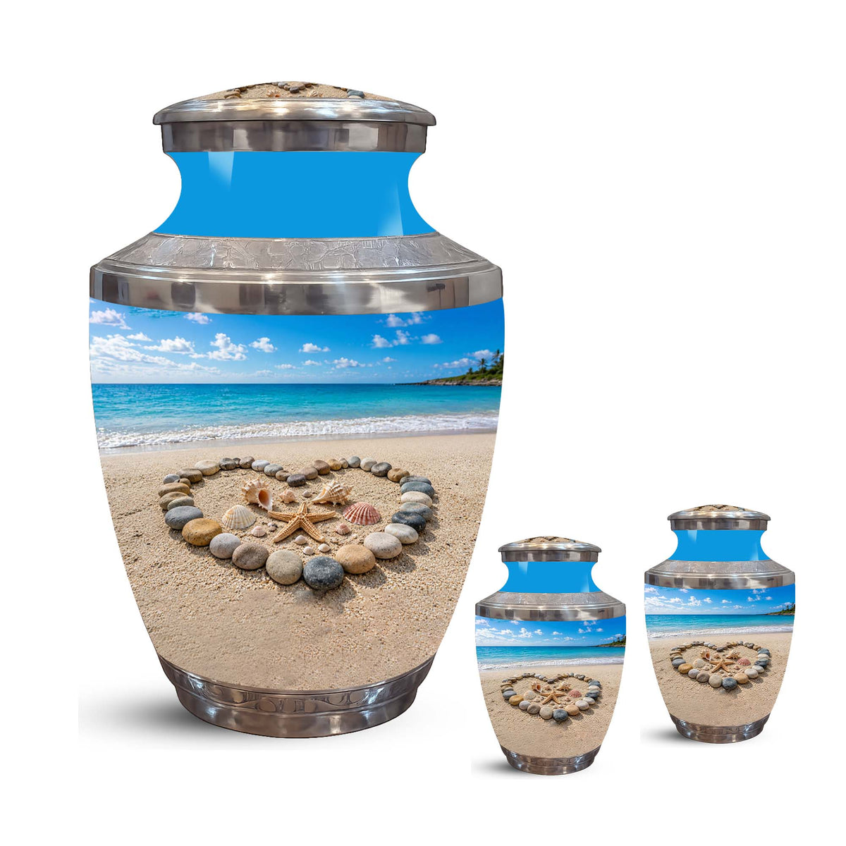 Personalized Blue Ocean Heart Beach Urn - Aluminum Urns For Ashes