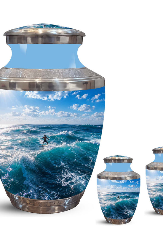 Man Surfing Big Waves Ocean Cremation Urn – Custom Aluminum Memorial Urn