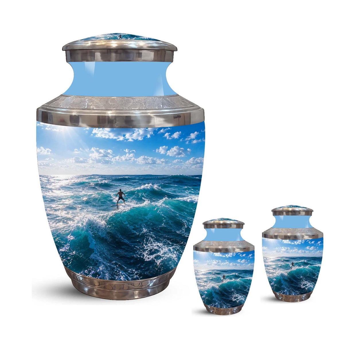 Man Surfing Big Waves Ocean Cremation Urn – Custom Aluminum Memorial Urn