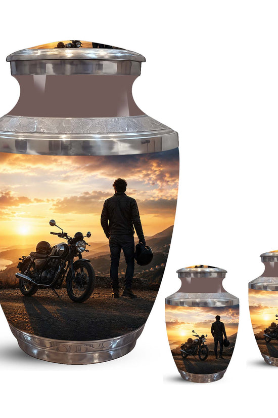 Sunset Motor Bike Rider Funeral Urn - Custom Memorial Tribute Funeral Urns