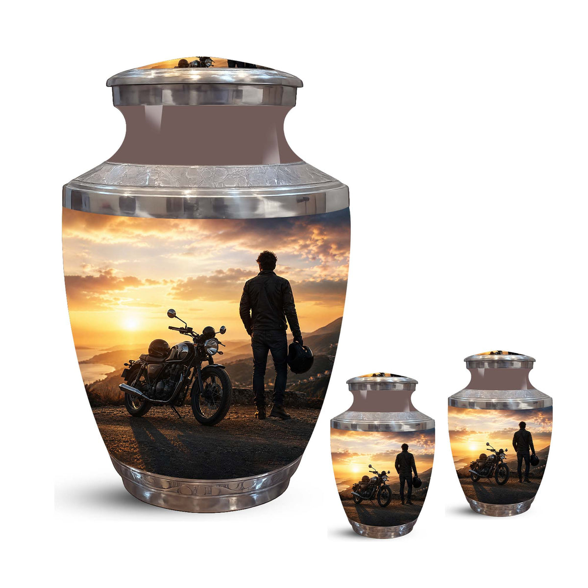 Sunset Motor Bike Rider Funeral Urn - Custom Memorial Tribute Funeral Urns