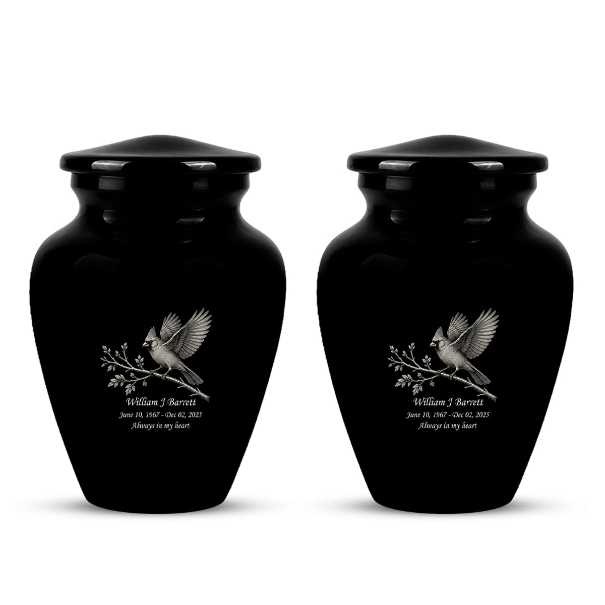 Black Cardinal Bird Cremation Urn - Black Aluminum Urn For Men & Women