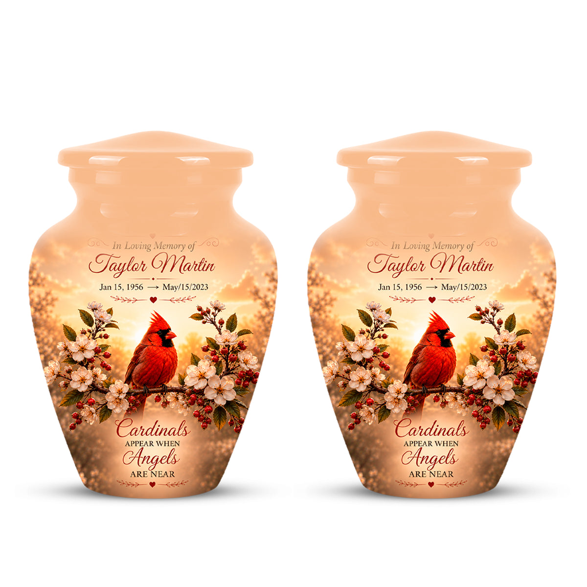 Custom Red Cardinal Bird Memorial Urn - Floral Funeral Urns For Ashes