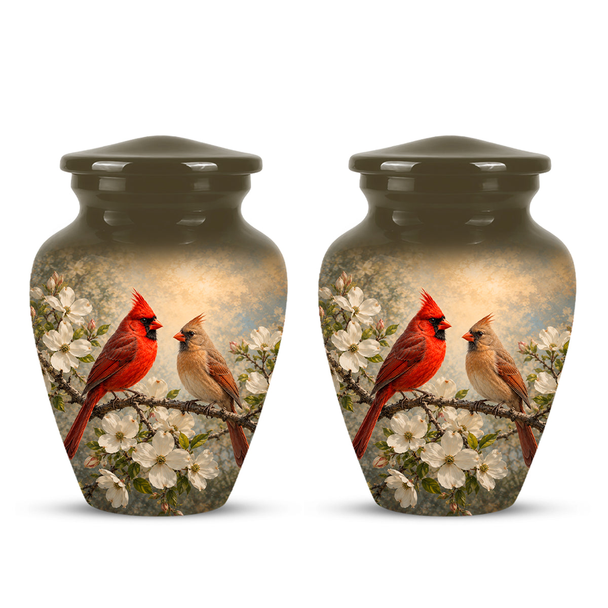 Cardinal Birds Memorial Urn For Ashes - White Blossom Funeral Urn