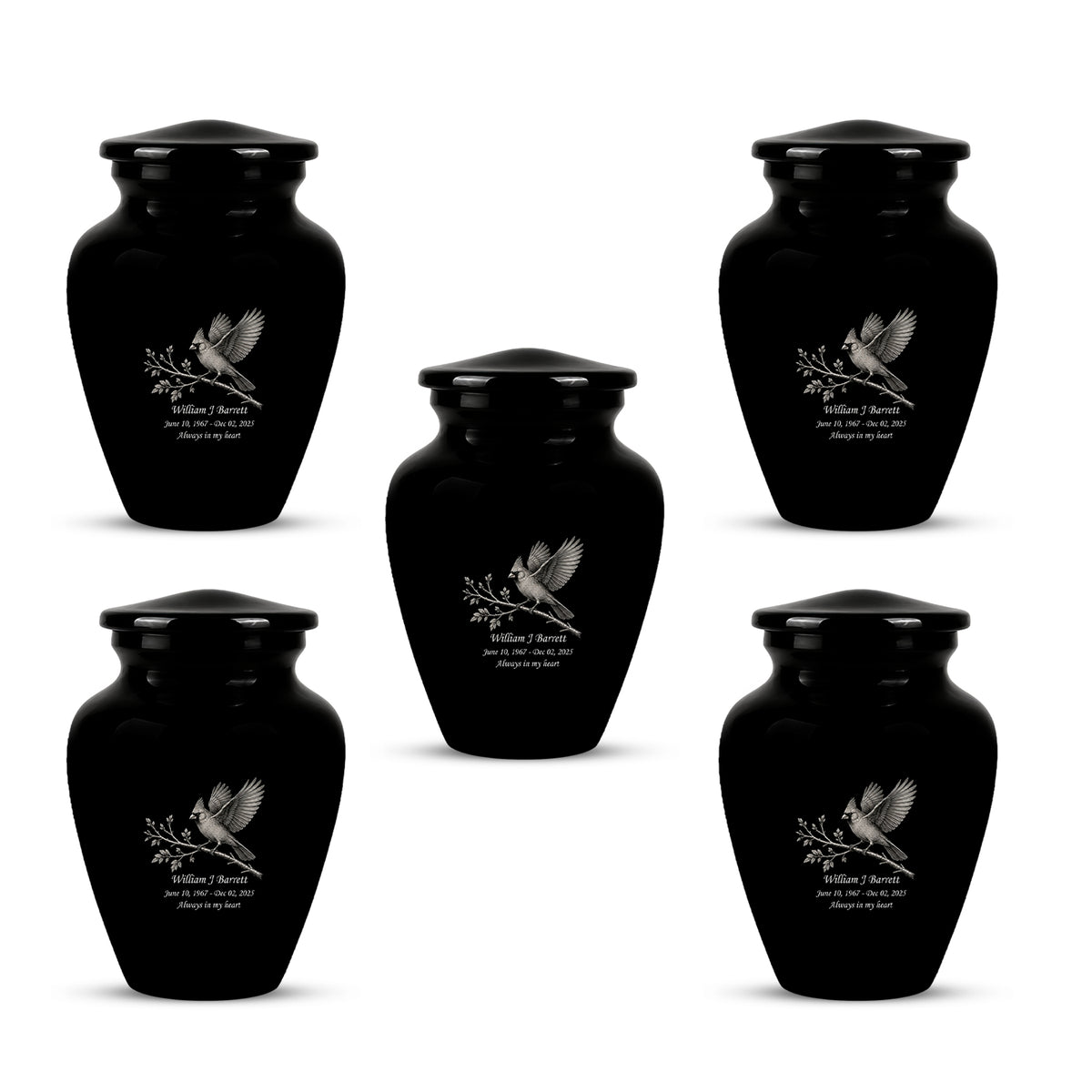 Black Cardinal Bird Cremation Urn - Black Aluminum Urn For Men & Women