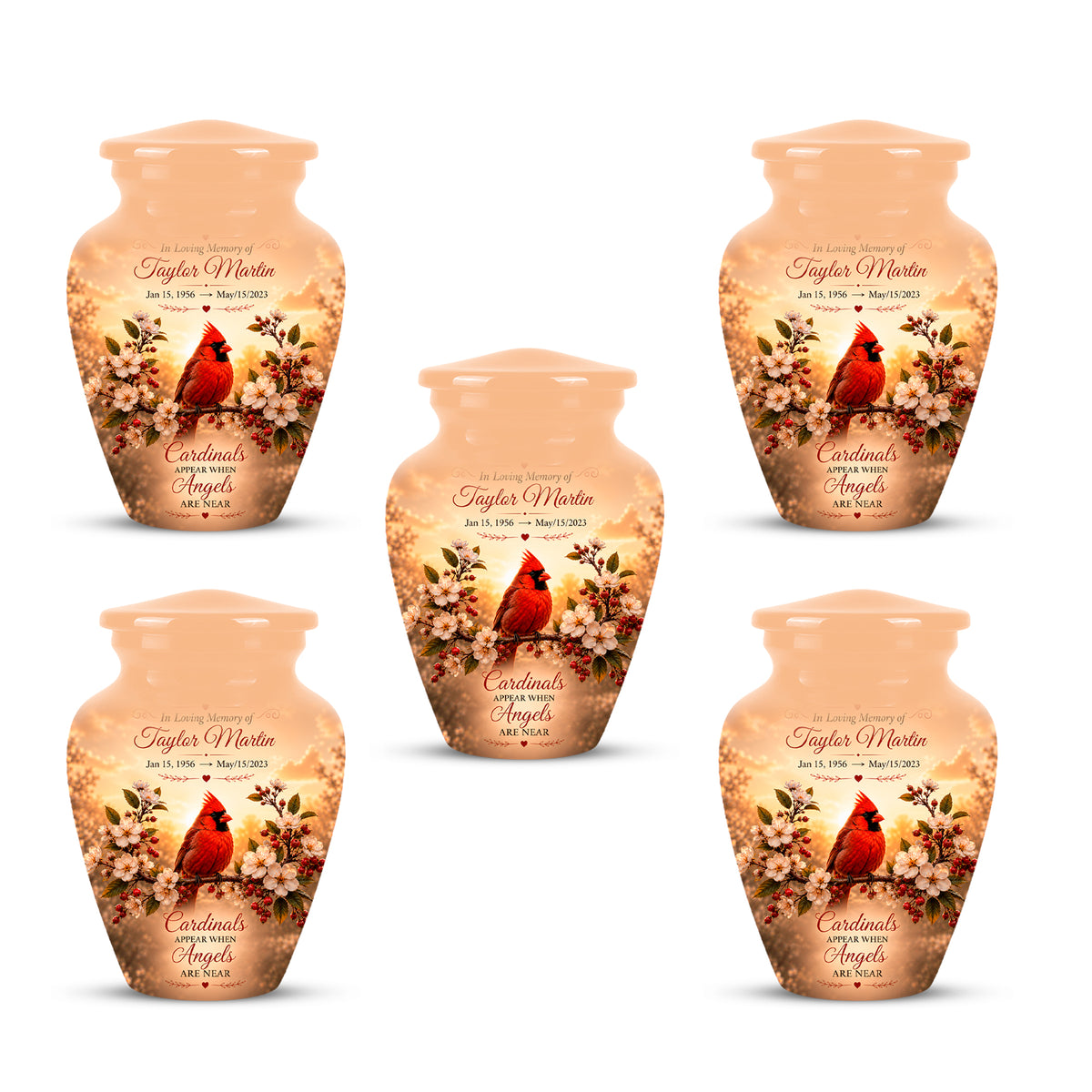 Custom Red Cardinal Bird Memorial Urn - Floral Funeral Urns For Ashes