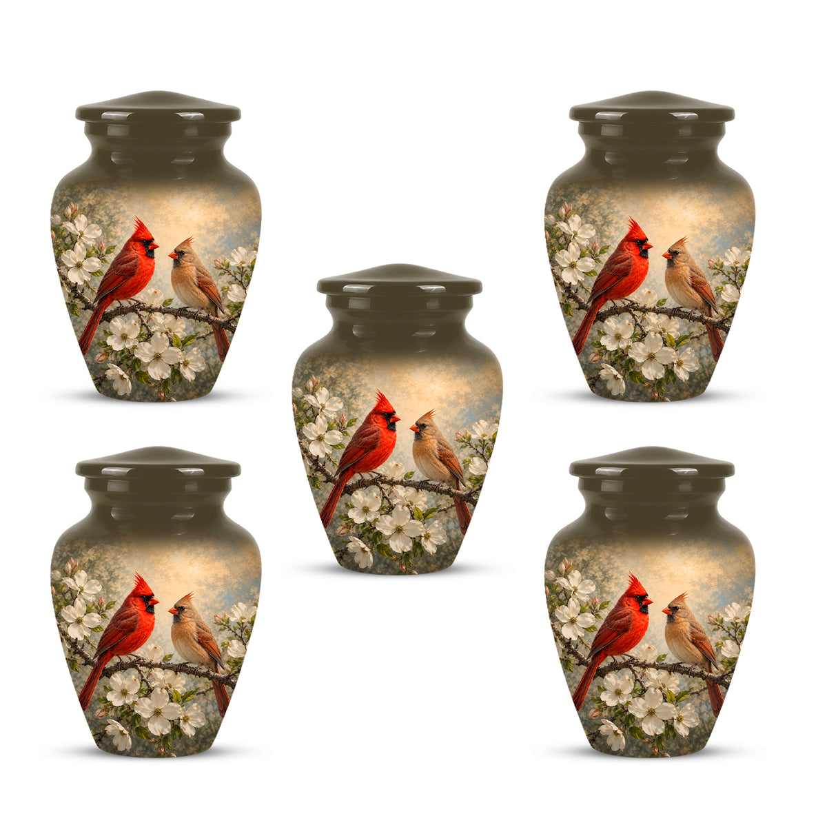 Cardinal Birds Memorial Urn For Ashes - White Blossom Funeral Urn
