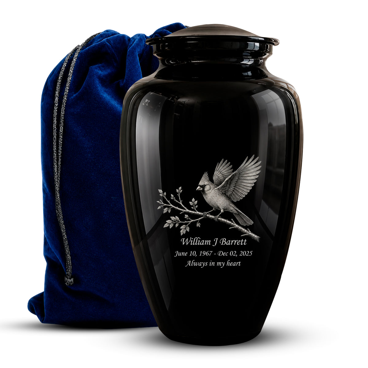 Black Cardinal Bird Cremation Urn - Black Aluminum Urn For Men & Women