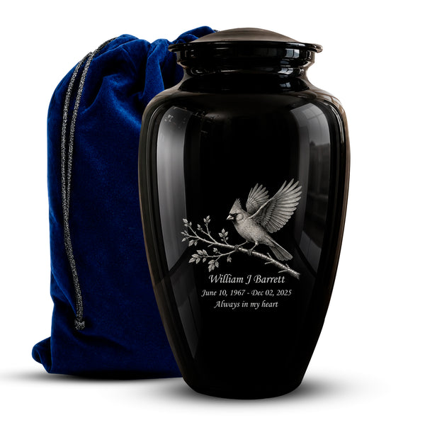 Black Cardinal Bird Cremation Urn - Black Aluminum Urn For Men & Women